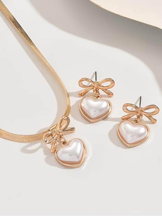 Anthropologie Jewelry - Anthropologie Gold Bow & Pearl Heart Necklace with Matching Earrings